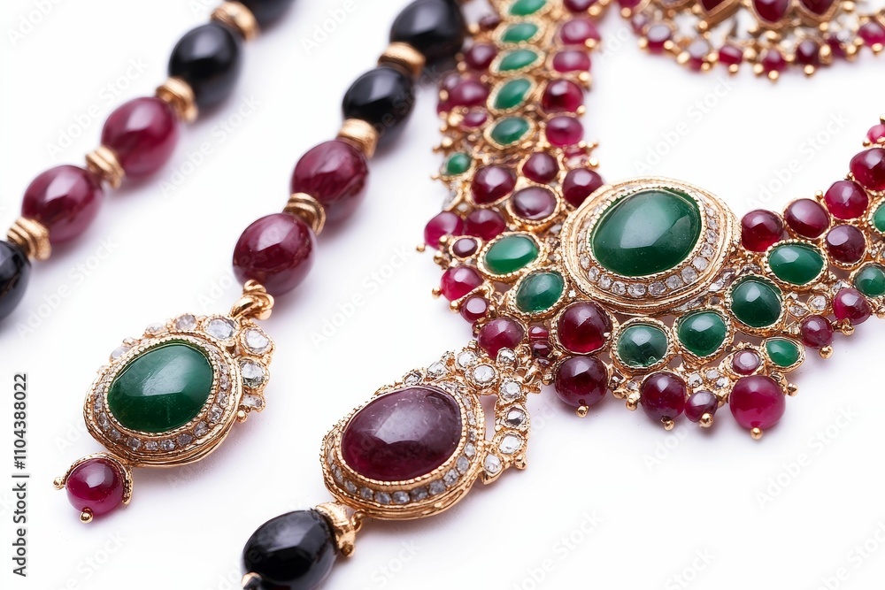 Gold necklace, red, green gemstones, beads. Gold necklace, red, green gemstones, beads.