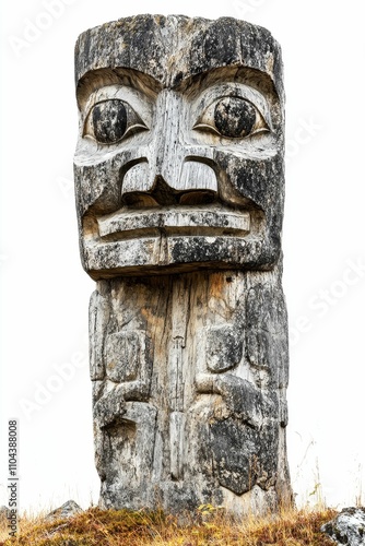 Weathered wood carving, large face, outdoor setting.