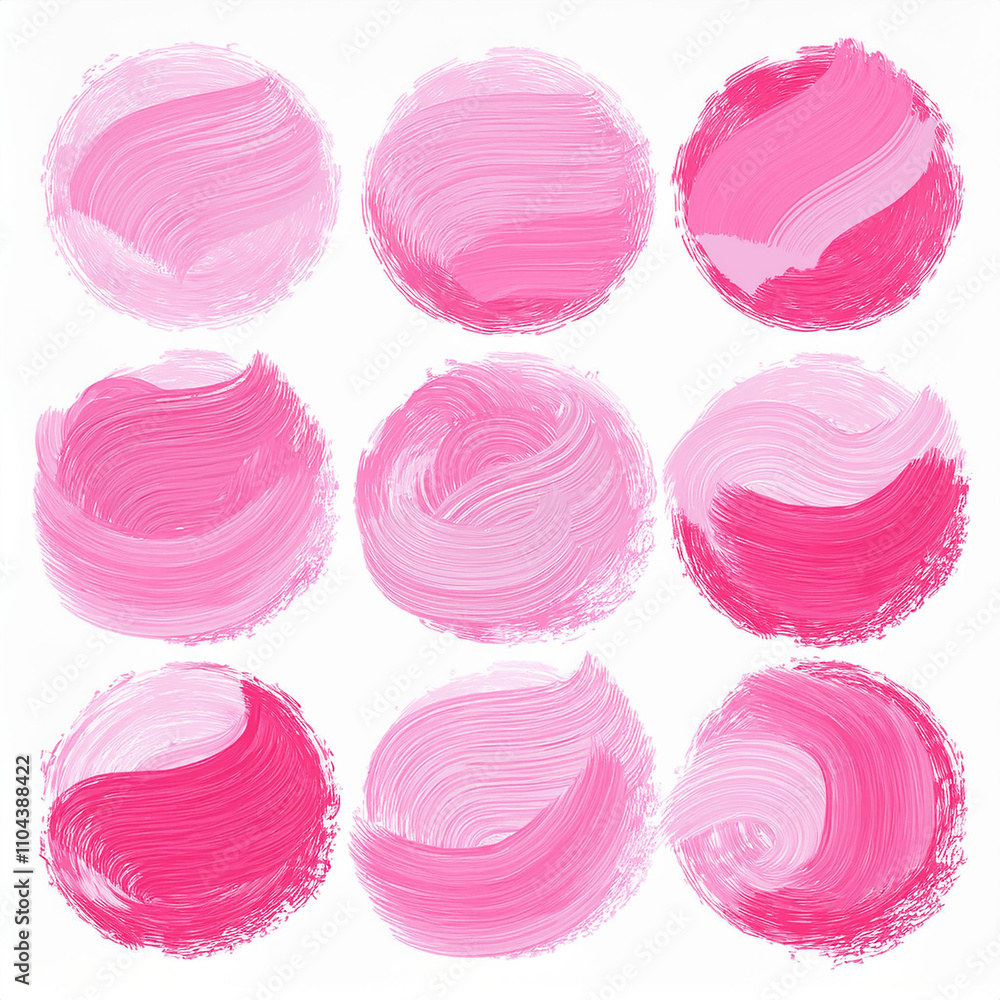 Set of round pink brush strokes. Grungy texture. Hand drawn art. Isolated on white. Set of round pink brush strokes. Grungy texture. Hand drawn art. Isolated on white.