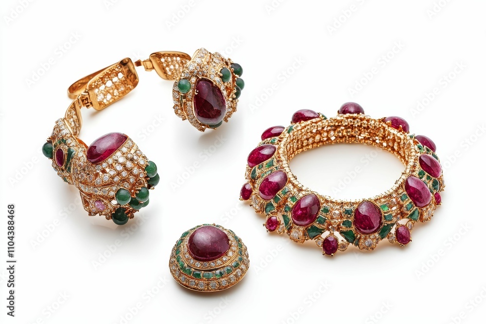Red, green jeweled gold bracelets, brooch. Red, green jeweled gold bracelets, brooch.