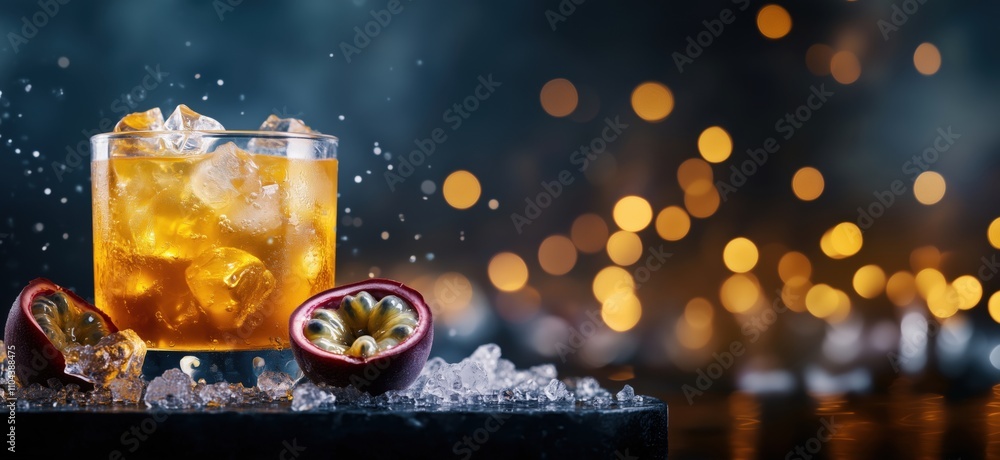 Cocktail glass with ice, passion fruit, bokeh background, vibrant colors Cocktail glass with ice, passion fruit, bokeh background, vibrant colors
