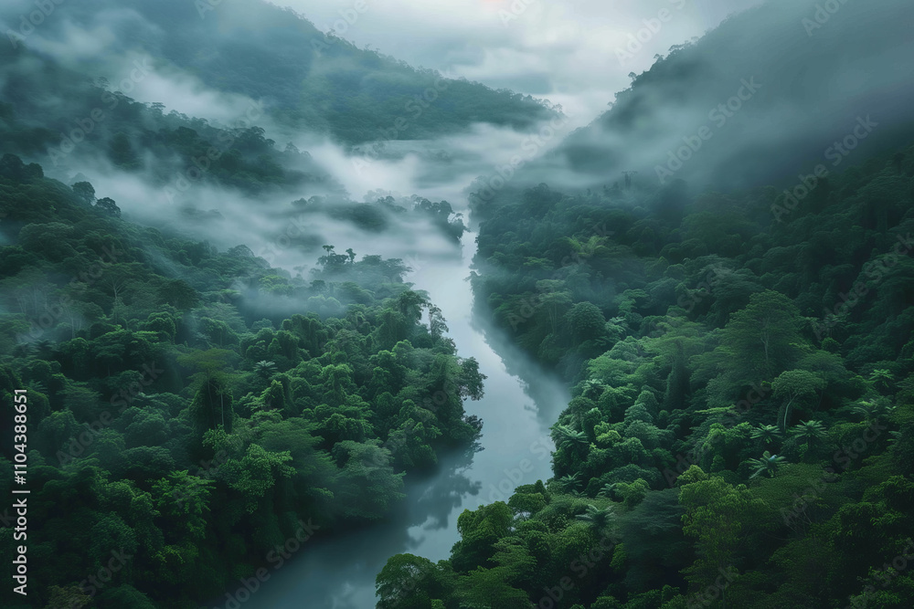 Misty river flowing through lush green forest. Misty river flowing through lush green forest.