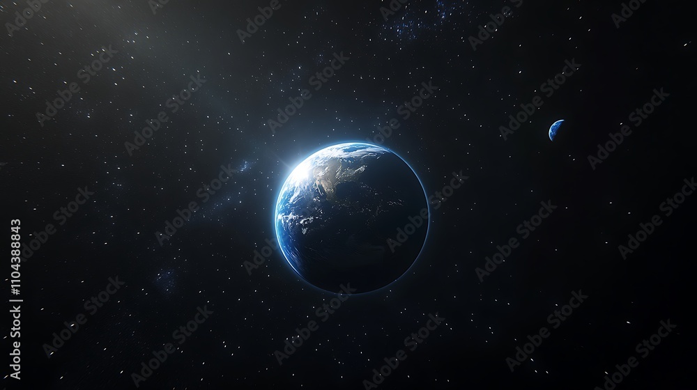 Fototapeta premium A blue Earth with sun rays shining on it against space planet