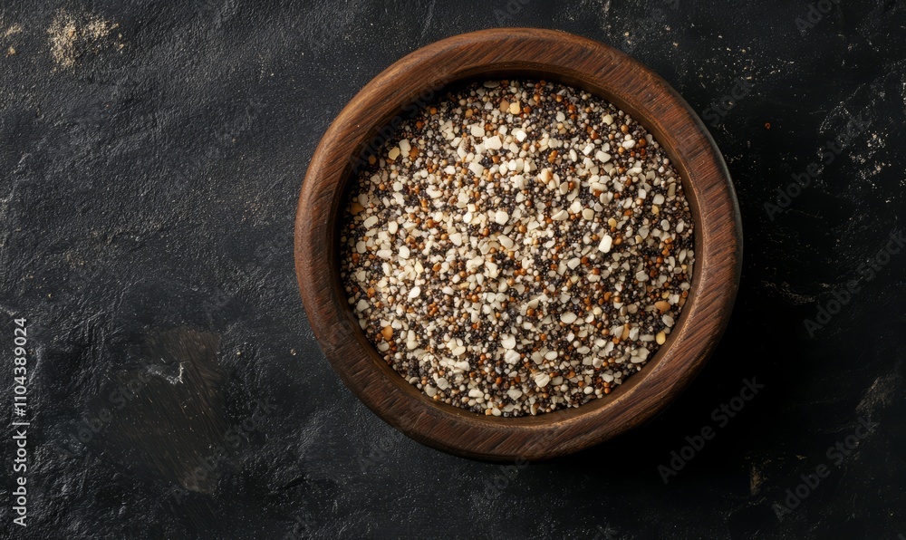 An overhead view of a small wooden bowl filled with a medley of co and finely ground es. The fine particles have settled at the bottom creating a layered effect with the larger pieces An overhead view of a small wooden bowl filled with a medley of co and finely ground es. The fine particles have settled at the bottom creating a layered effect with the larger pieces