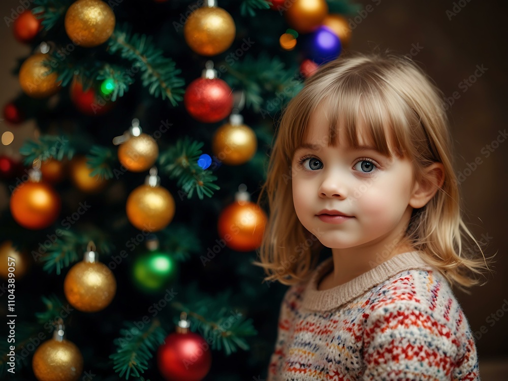 Child with bright eyes near colorful Christmas tree. Child with bright eyes near colorful Christmas tree.