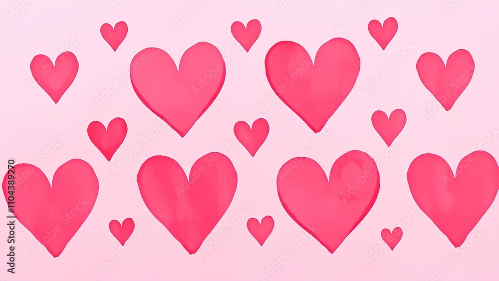 Seamless pattern, background of watercolor gradient hearts in pink tones of different sizes on light pink background. Seamless pattern, background of watercolor gradient hearts in pink tones of different sizes on light pink background.