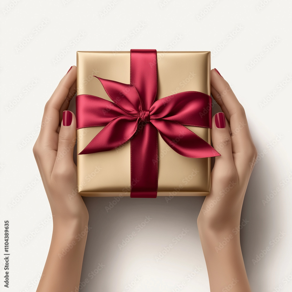 Hands holding a gift, Pair of hands offering a beautifully wrapped golden gift box with a red ribbon, isolated on a white background Hands holding a gift, Pair of hands offering a beautifully wrapped golden gift box with a red ribbon, isolated on a white background