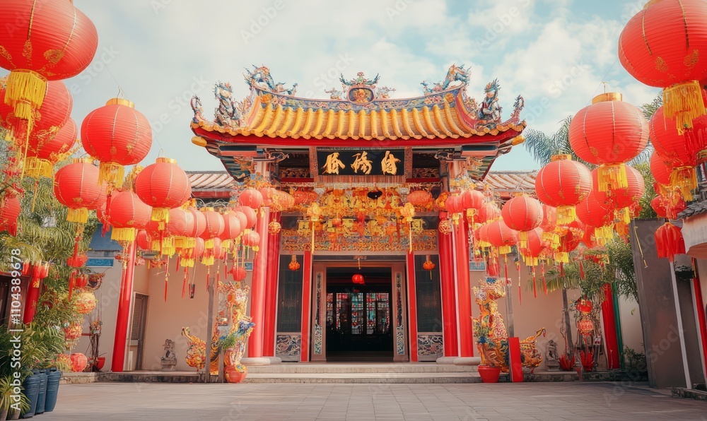 Fototapeta premium Beautifully decorated temple entrance for chinese new year celebrations with lanterns and banners