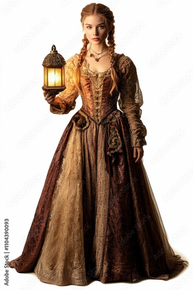 Woman in ornate gown holds illuminated lantern. Woman in ornate gown holds illuminated lantern.