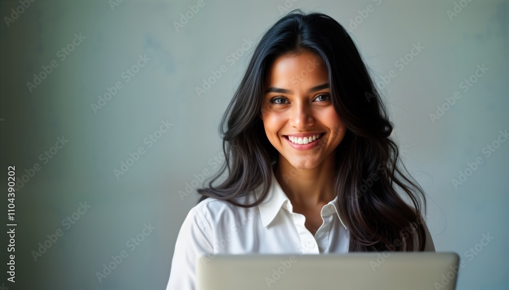 Smiling Indian woman uses laptop. Positive professional portrait. Woman looks happy. Grey background. Business woman on computer. Tech pro. Modern work setting. Smiling Indian woman uses laptop. Positive professional portrait. Woman looks happy. Grey background. Business woman on computer. Tech pro. Modern work setting.