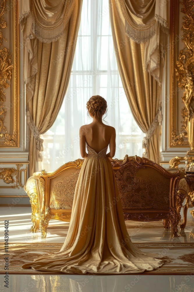 Woman in gold gown stands before ornate window. Woman in gold gown stands before ornate window.