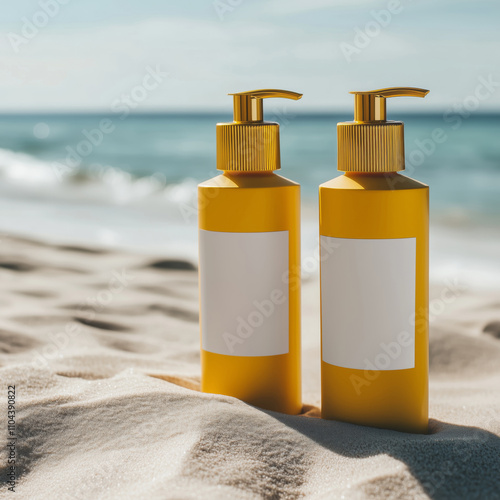 Sunscreens in yellow blank bottles with blank mock up labels on the sandy beach photo