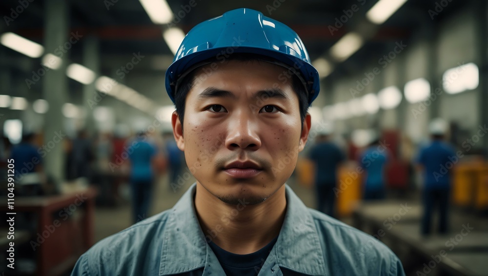 Chinese worker in a factory, industrial portrait.