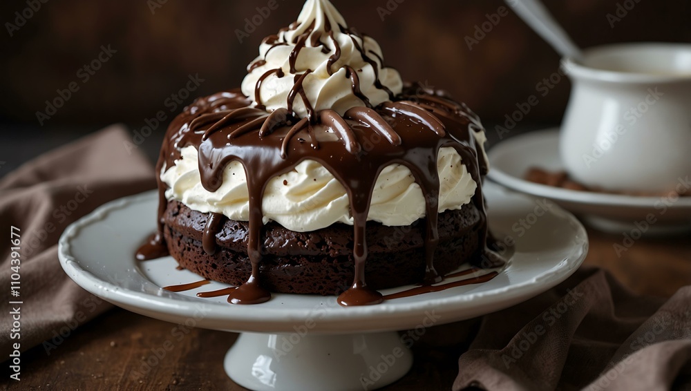 Chocolate cake with whipped cream and chocolate drizzle. Chocolate cake with whipped cream and chocolate drizzle.