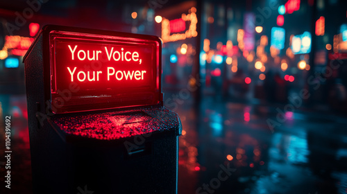 A dramatic spotlight on a ballot box with the words 