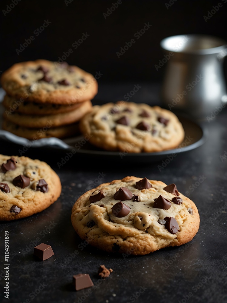Chocolate chip cookies on a dark background. Chocolate chip cookies on a dark background.