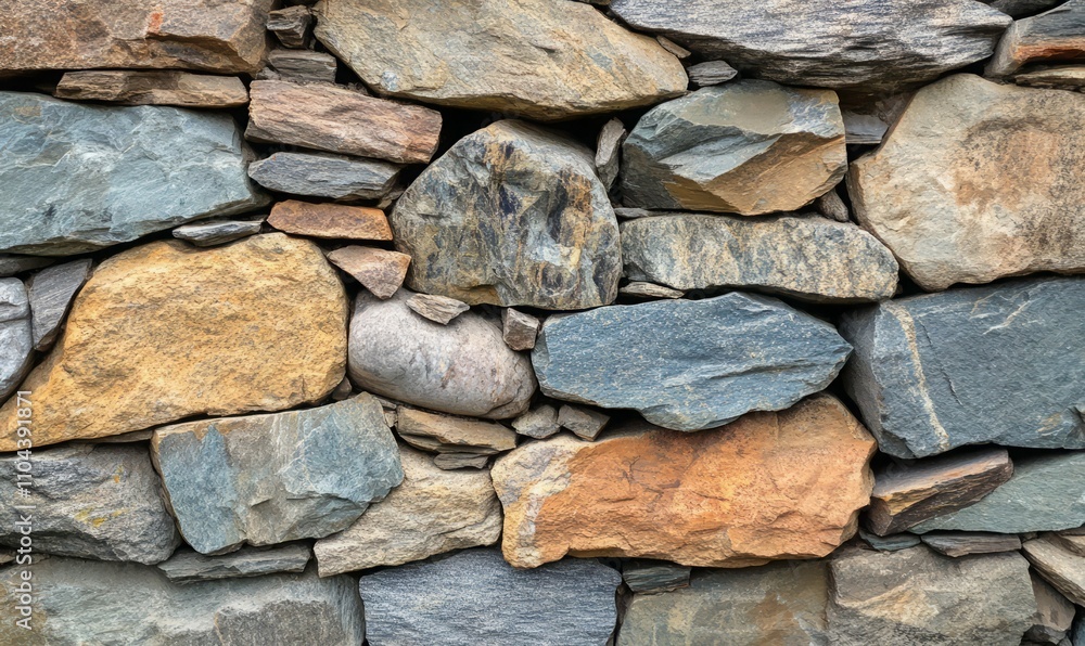 This image displays a rustic stone wall featuring a complex pattern of stones in different colors and shapes, revealing the artistry in construction techniques This image displays a rustic stone wall featuring a complex pattern of stones in different colors and shapes, revealing the artistry in construction techniques