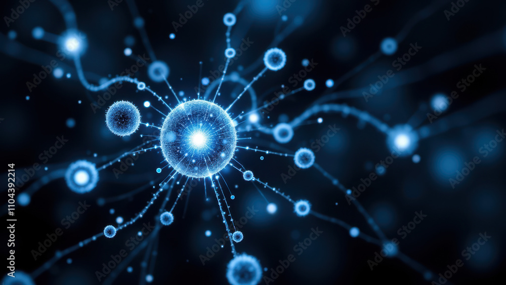 Semaglutide molecule structure with blue glowing atoms against a dark background, highlighting its atomic components. Semaglutide molecule structure with blue glowing atoms against a dark background, highlighting its atomic components.