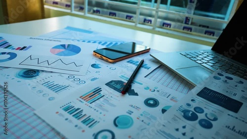 Business report papers phone with laptop pencil camera moving
