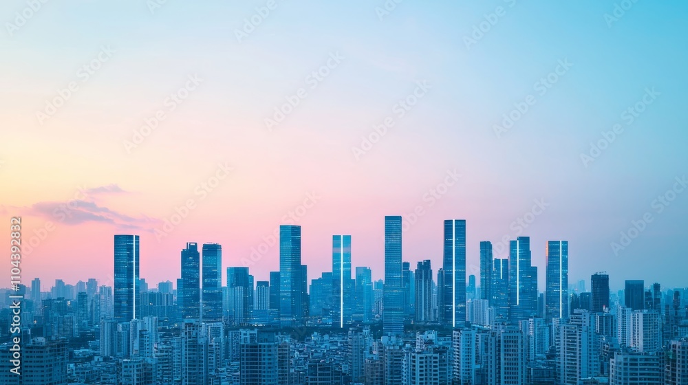 Fototapeta premium travel restrictions borders concept. A stunning skyline at sunset, showcasing modern skyscrapers against a gradient of pastel colors in the sky.