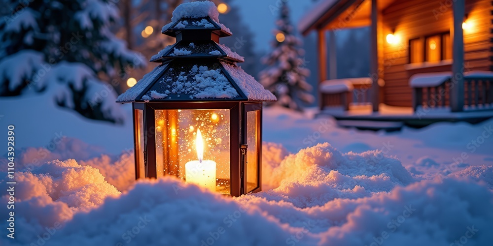 Glowing lantern in snowy winter scene with cabin Glowing lantern in snowy winter scene with cabin