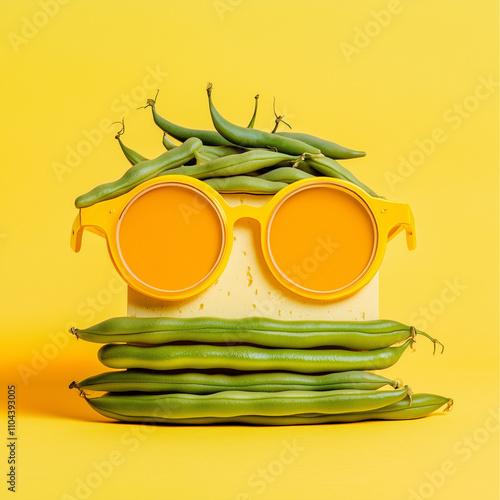 A promotional card for the summer season of an online store selling vegetables, with green beans on top and yellow sunglasses as facial features.