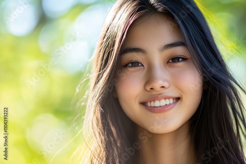 Joyful Young Asian Woman with Long Hair Smiling Brightly â€“ Captivating Beauty of a College Student