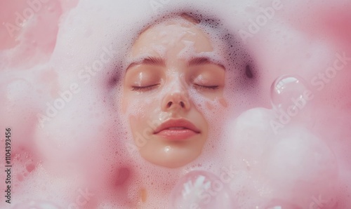 Young woman in soap foam with bubbles. Taking bubble bath with foam, hair and skin care, using shampoo or gel. Cosmetics and relax concept