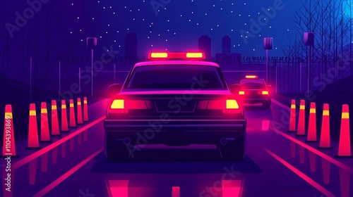travel restrictions borders concept. A vibrant digital scene featuring police cars with flashing lights on a dark, moody street, surrounded by traffic cones under a starry sky.