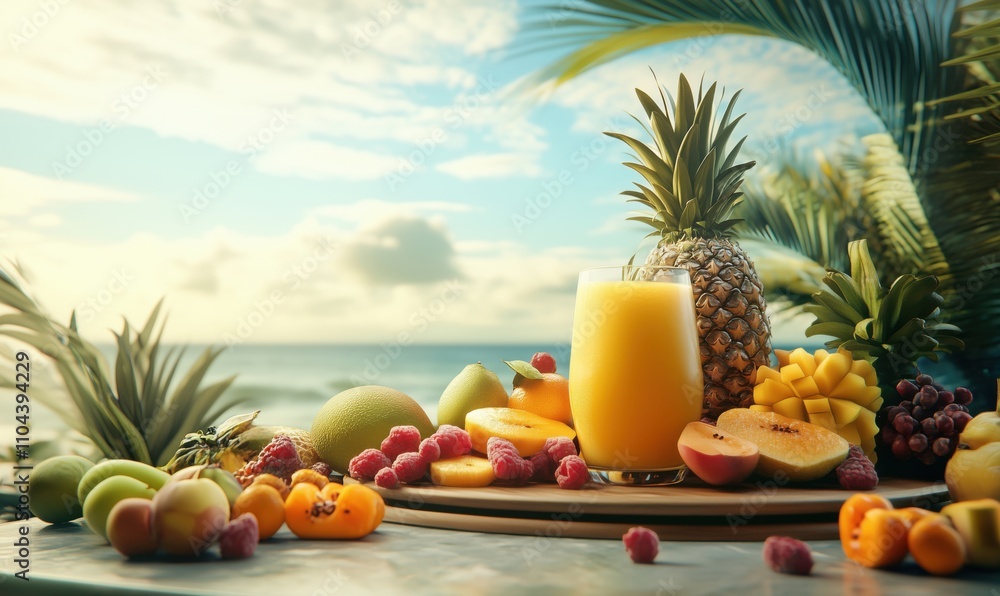 Tropical fruit display with refreshing juice, vibrant fruits like pineapple, mango, and raspberries, ocean backdrop, sunny atmosphere Tropical fruit display with refreshing juice, vibrant fruits like pineapple, mango, and raspberries, ocean backdrop, sunny atmosphere