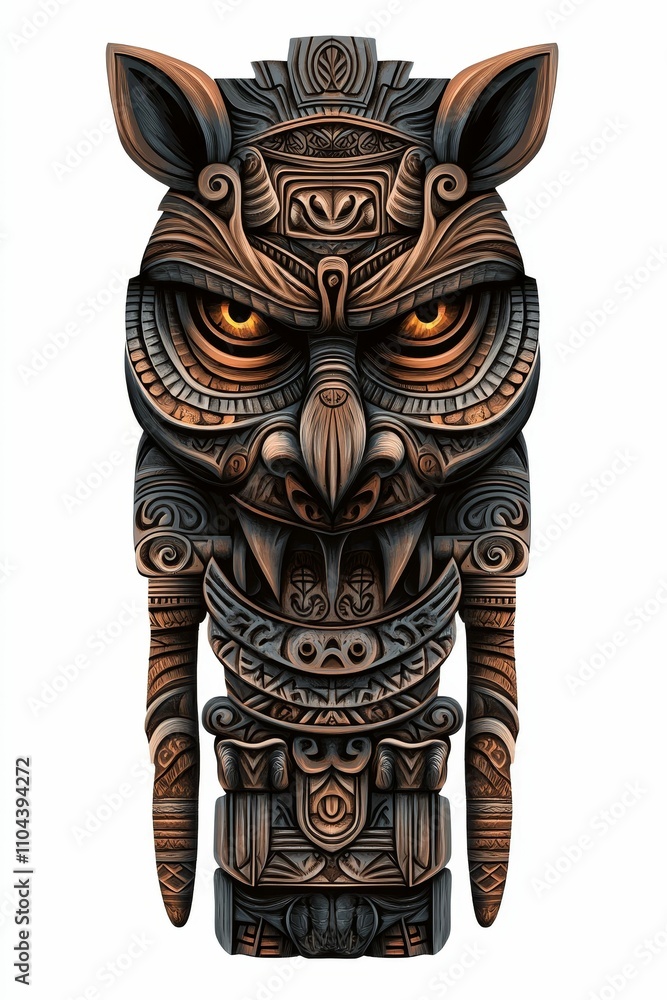 Intricate carved wooden totem, owl-like face. Intricate carved wooden totem, owl-like face.