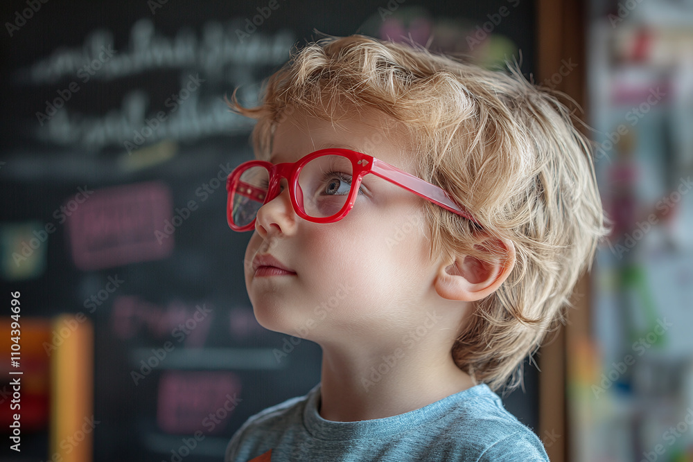 Profile view of smart little boy wearing red glasses, classroom chalkboard in background. Profile view of smart little boy wearing red glasses, classroom chalkboard in background.