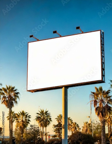 Mockup billboard against a clear bright sky without clouds with palm trees close view