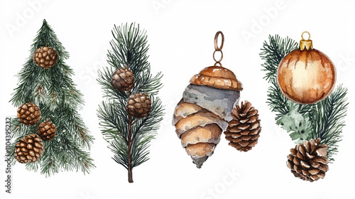 Watercolor Christmas with Fir branches, christmas balls, gingerbread, christmas cookies. Vector illustration for greeting card and invitation. Winter holidays banner isolated on white background.