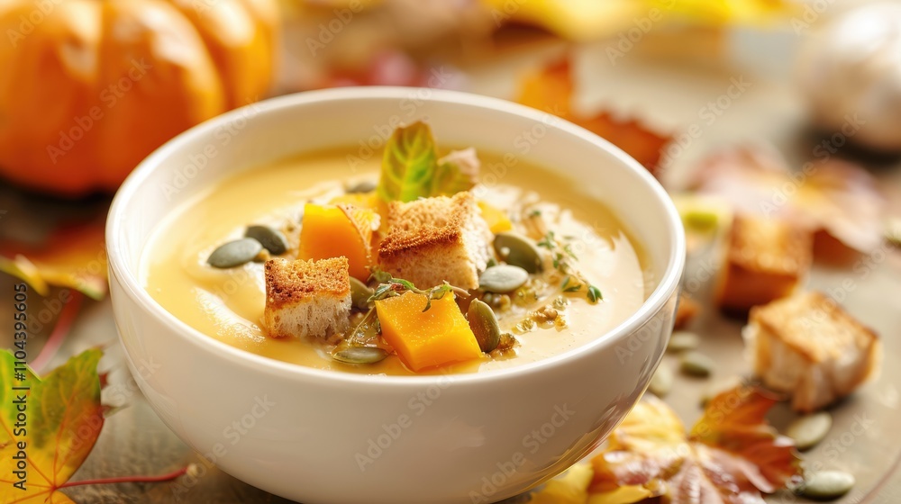 Pumpkin cream soup with croutons, pumpkin seeds, and autumn leaves arrangement. Pumpkin cream soup with croutons, pumpkin seeds, and autumn leaves arrangement.