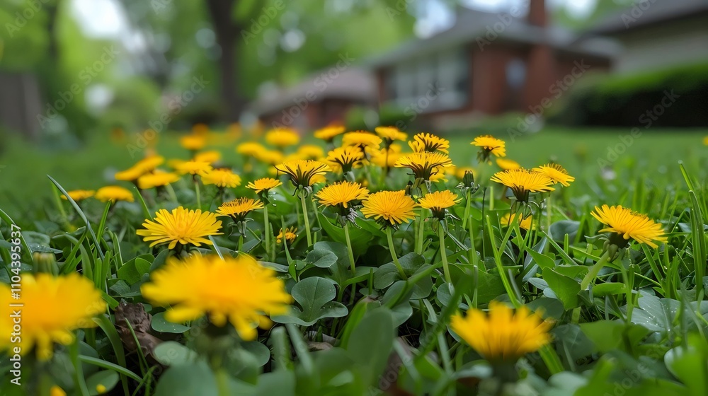 A field of yellow flowers with a house in the background A field of yellow flowers with a house in the background