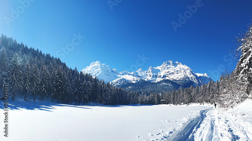 Wallpaper Mural Panoramic view showcasing a snowy landscape with majestic mountains and clear blue sky Torontodigital.ca