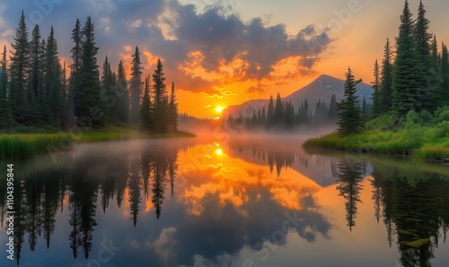 Sunset reflection over tranquil lake, surrounded by pine trees and mountains, mist rising, vibrant colors