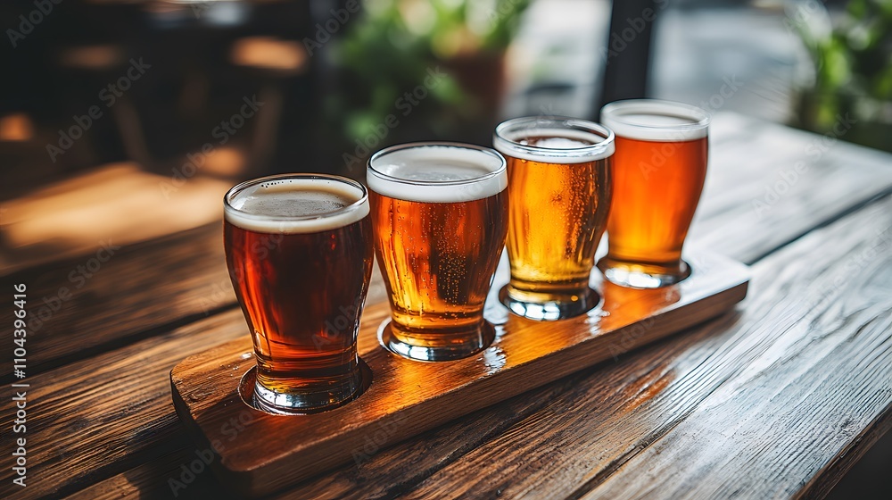Four different beer glasses on a wooden tray, on a table, during a tasting session. Four different beer glasses on a wooden tray, on a table, during a tasting session.