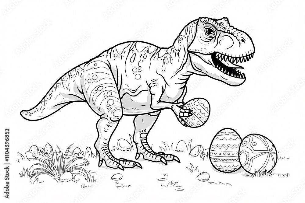 A playful dinosaur coloring page featuring a T-Rex with Easter eggs, perfect for kids and dinosaur enthusiasts. A playful dinosaur coloring page featuring a T-Rex with Easter eggs, perfect for kids and dinosaur enthusiasts.