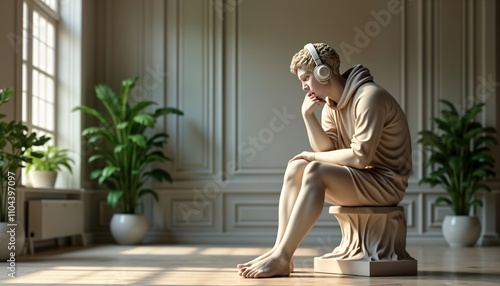 Greek statue reimagined for Gen Z. Marble figure sits listening music with headphones. Classical aesthetics blend with contemporary culture. Thoughtful pose combines ancient wisdom with modern tech. photo