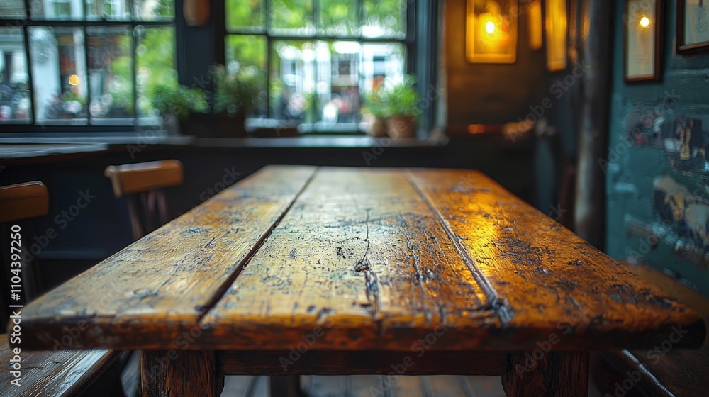 A rustic wooden table in a cozy, well-lit café setting with large windows. A rustic wooden table in a cozy, well-lit café setting with large windows.