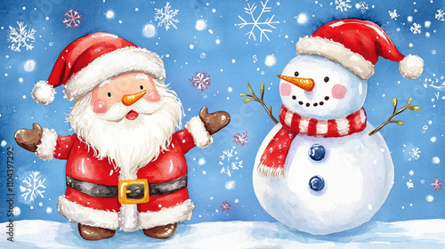 Set of watercolor white snowmen and santa claus isolated with watercolour white background. New year party decor, Christmas decorations vector illustration backdrop wallpaper