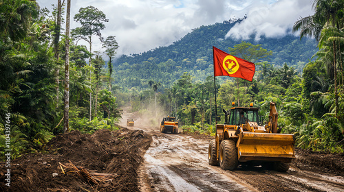 Logging activity in Papua New Guinean rainforest shows heavy machinery amidst lush vegetation and national flag