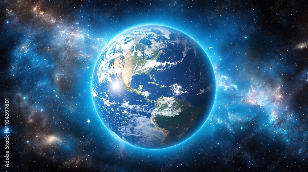 Fototapeta premium A blue Earth with sun rays shining on it against space planet