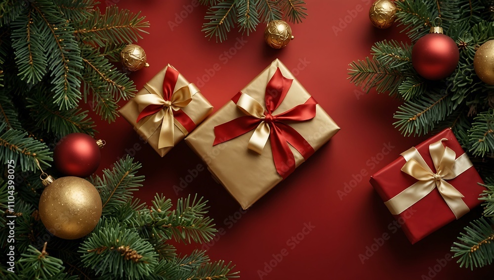 Christmas red background with golden gifts and tree branches. Christmas red background with golden gifts and tree branches.
