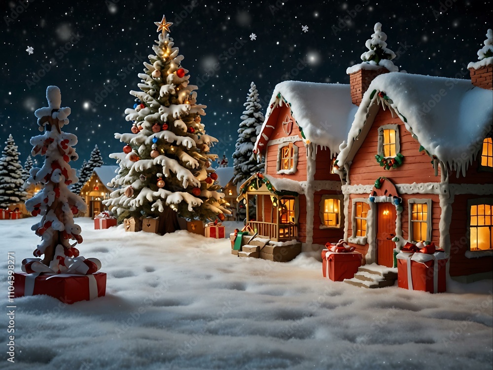 Christmas scene with snow, gifts, and decorated trees. Christmas scene with snow, gifts, and decorated trees.