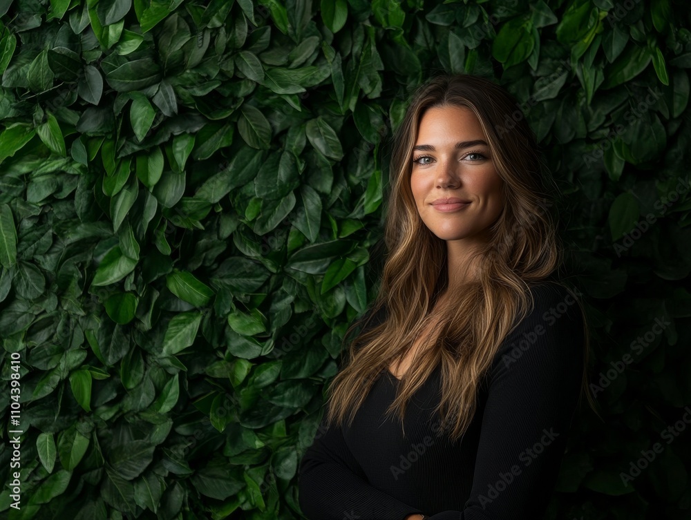 A woman stands confidently with arms crossed, engaging viewers with her direct gaze. The lush botanical wall behind her enhances the vibrant, natural atmosphere of the setting A woman stands confidently with arms crossed, engaging viewers with her direct gaze. The lush botanical wall behind her enhances the vibrant, natural atmosphere of the setting