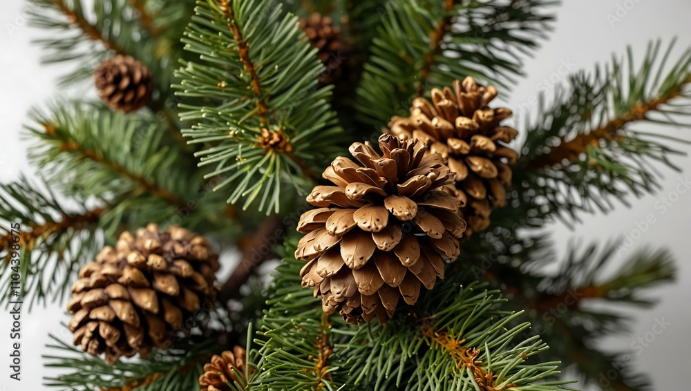 Christmas tree branch with golden pine cones on white background. Christmas tree branch with golden pine cones on white background.