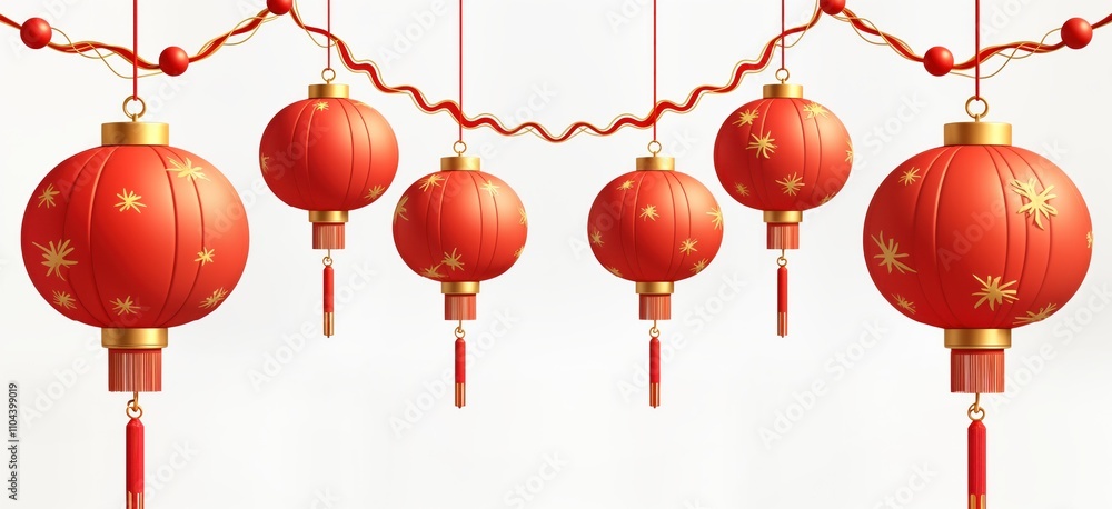 Traditional Chinese lanterns hang in row. Red lanterns with gold details. Ornaments for Lunar New Year. Decorative, colourful. Hanging design. Celebrating Chinese New Year. Lanterns typical Chinese Traditional Chinese lanterns hang in row. Red lanterns with gold details. Ornaments for Lunar New Year. Decorative, colourful. Hanging design. Celebrating Chinese New Year. Lanterns typical Chinese